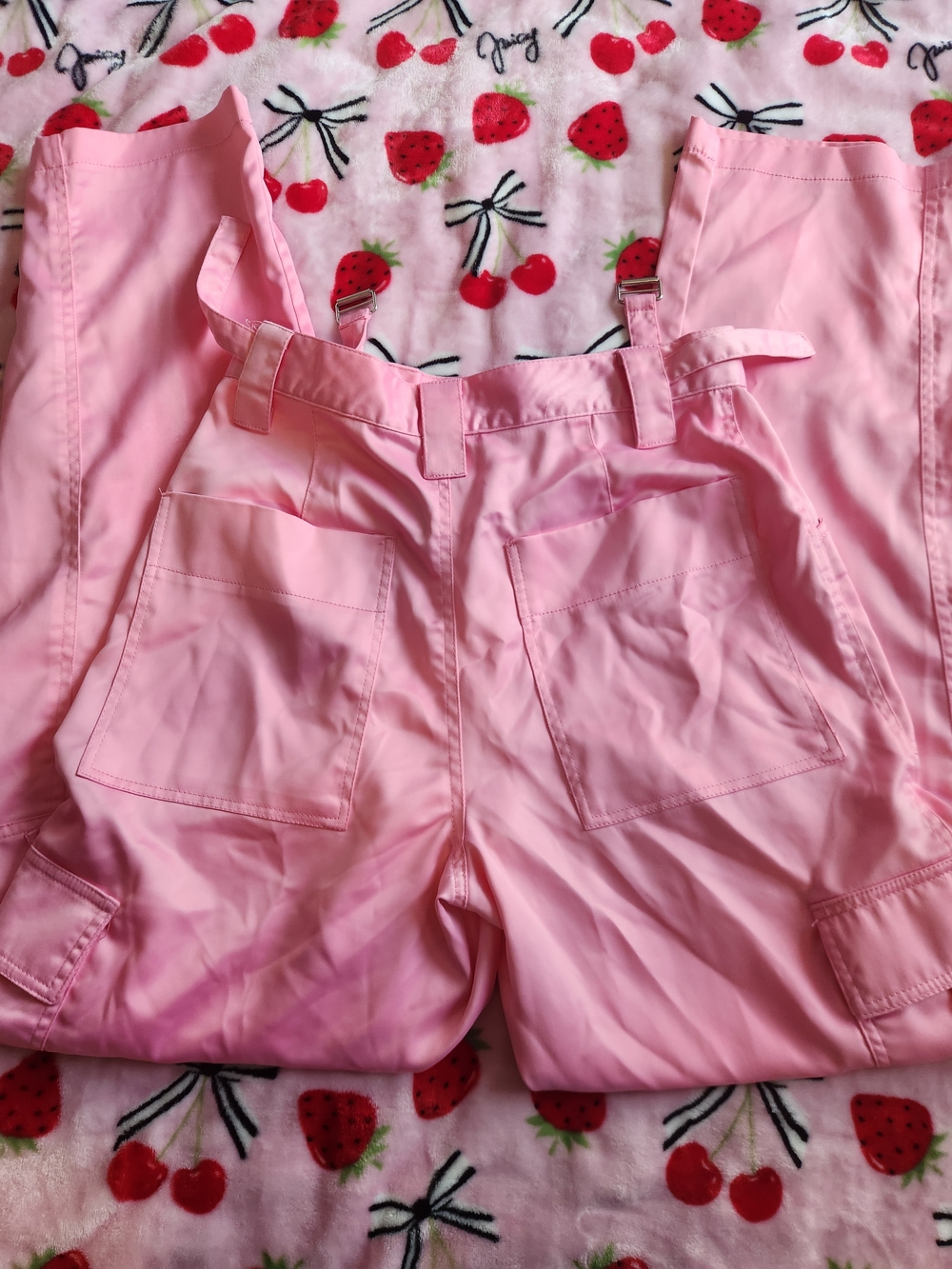 Dolls Kill Pink Wide Leg Cargo Jumpsuit Pants with Straps - Picture 4 of 8